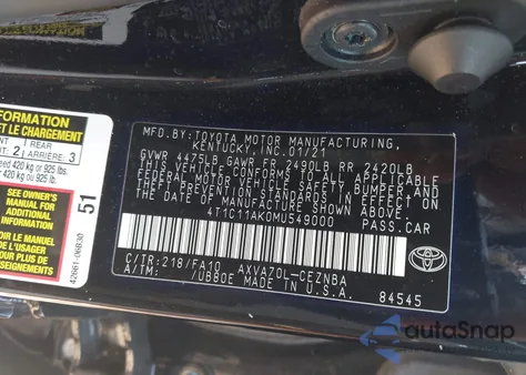 2021 Toyota Camry Le z USA, uszkodzony, nr VIN 4T1C11AK0MU549000